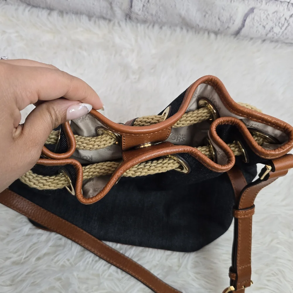 Michael Kors Blue Denim Designer Hobi Handbag With Brown Leather Tassels